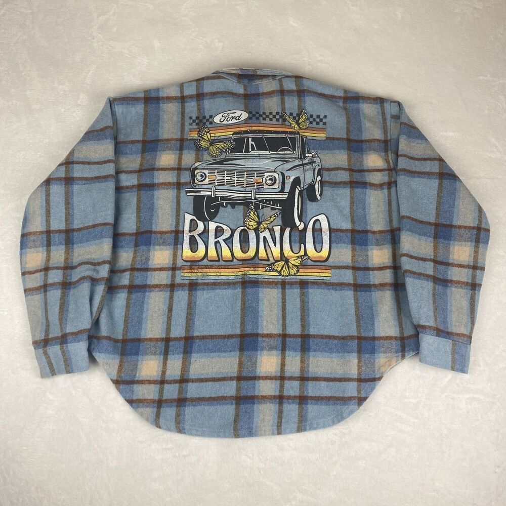 Ford Flannel Graphic Shirt Womens Medium Blue Plaid Long Sleeve Button Up Casual